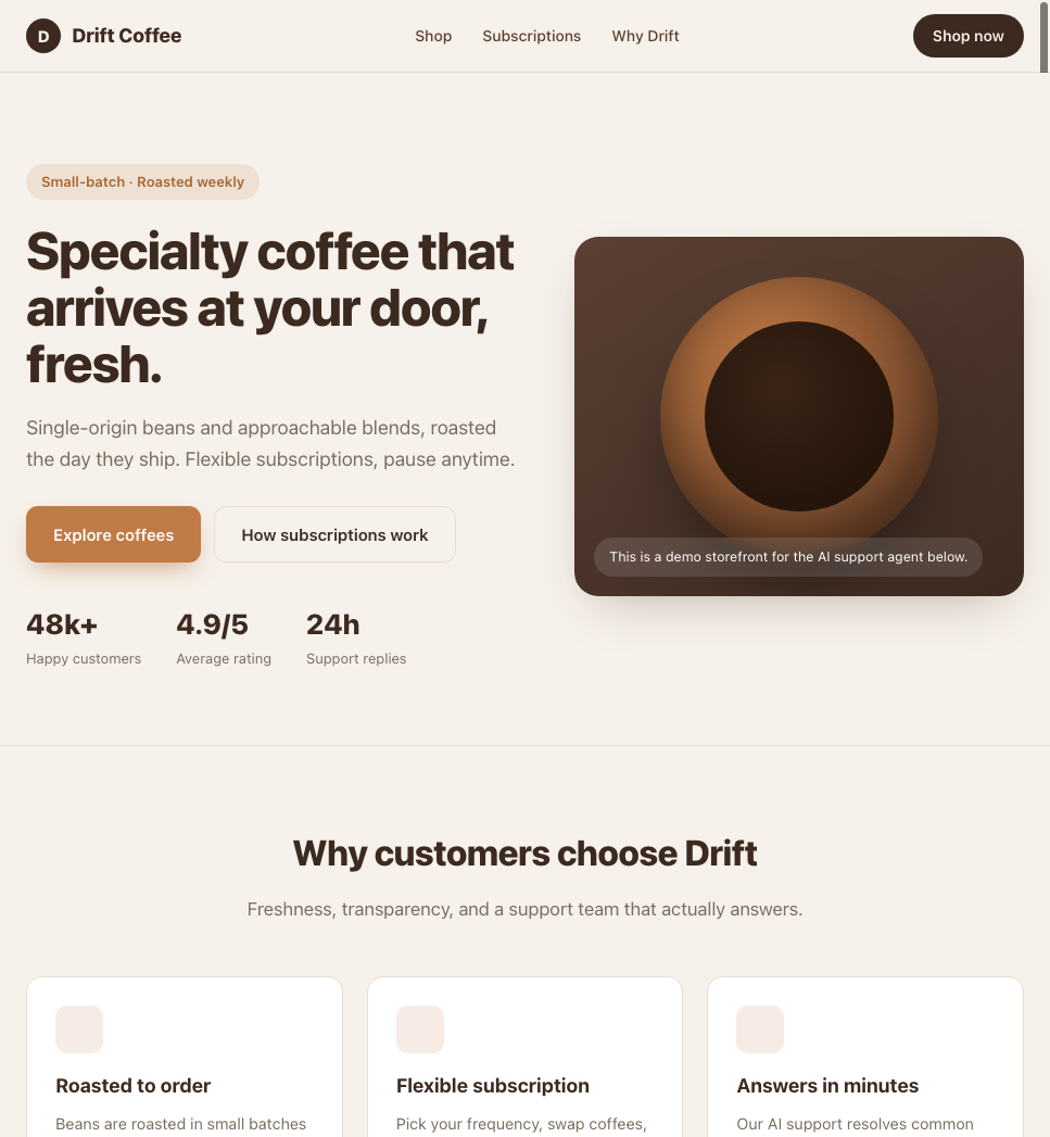 Drift Coffee AI support agent